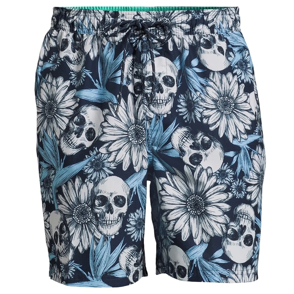 No Boundaries Blue Floral Skull Swim Trunks